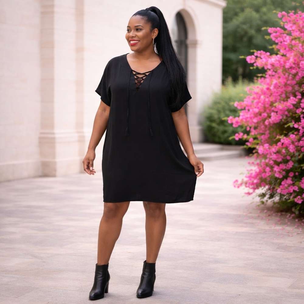 NWOT JustFab Black Vneck lace up shirt dress